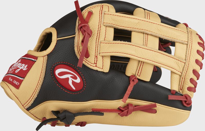 Thumb view of a SPL120BH 12-inch Select Pro Lite Bryce Harper youth outfield glove with a black/camel thumb and camel H web