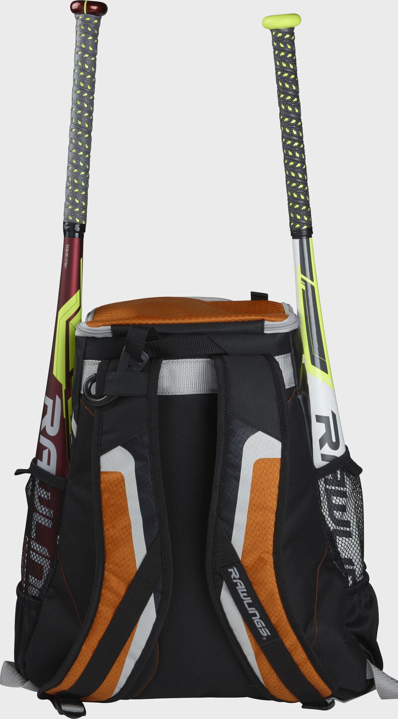 Back of a black/orange R500 team backpack with two bats in the side sleeves