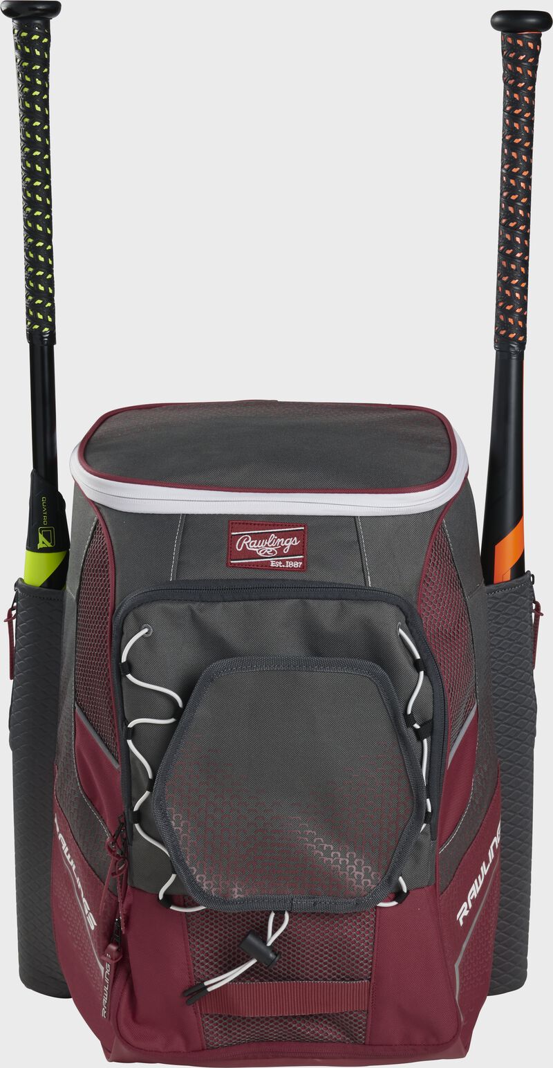 Front of a cardinal Rawlings Impulse bag with a cardinal Rawlings patch and two bats in the sides - SKU: IMPLSE-C loading=