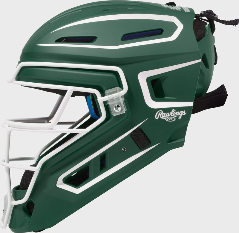 Left side of a dark green Rawlings Mach Pro Series catcher's helmet loading=
