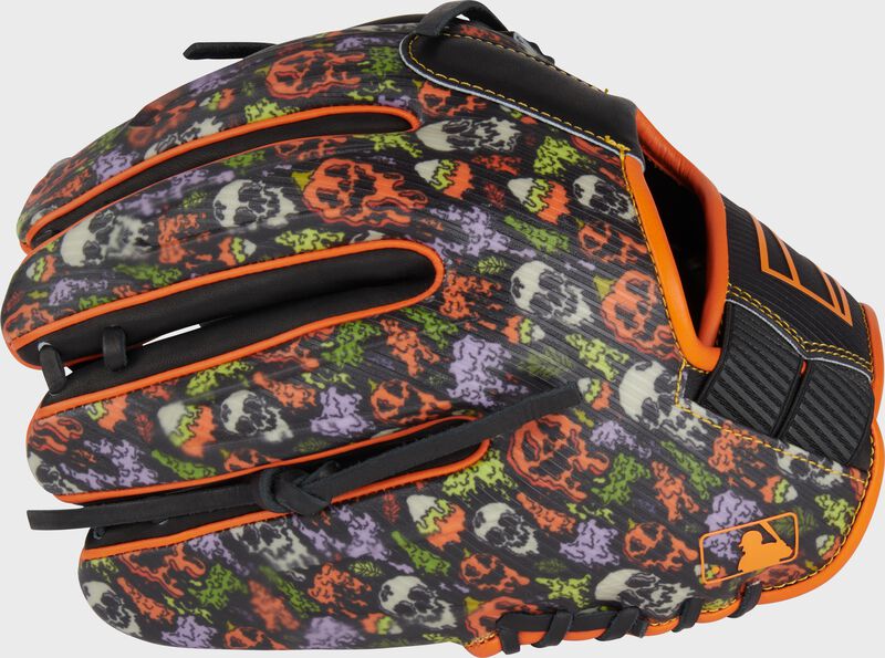 Back of a Rawlings Halloween edition REV1X glove with the MLB logo on the pinky - SKU: REV204-32BOO