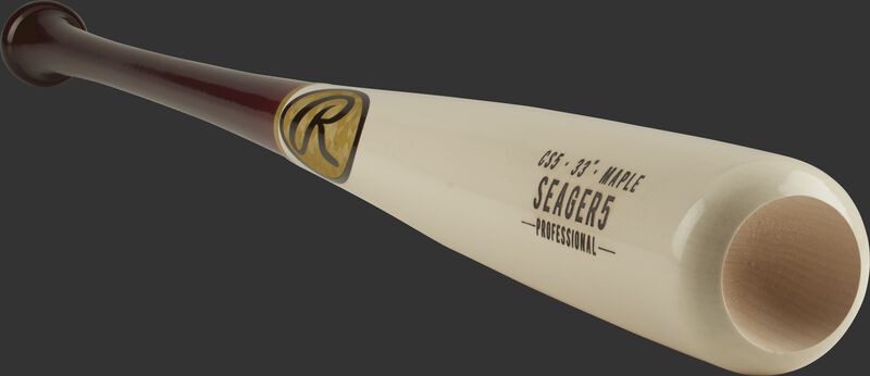 3/4 view of a CS5PL maple Corey Seager bat with a white barrel