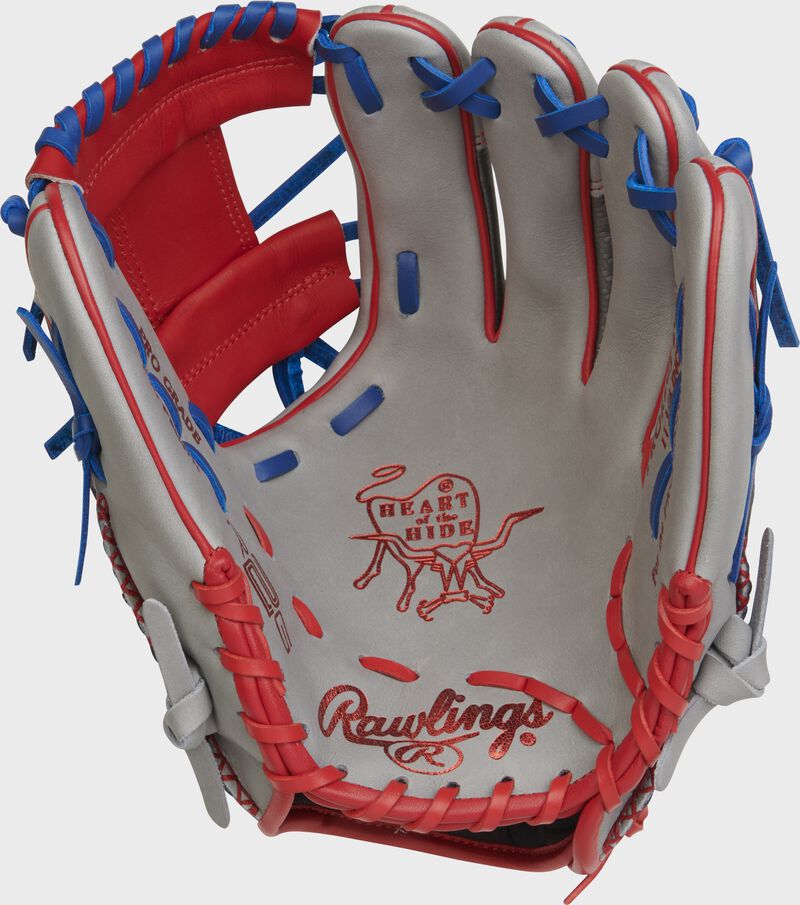 Gray palm of a Rawlings HOH R2G Hyper Shell glove with scarlet stamping and royal/scarlet laces - SKU: RSGPROR205-2GCF