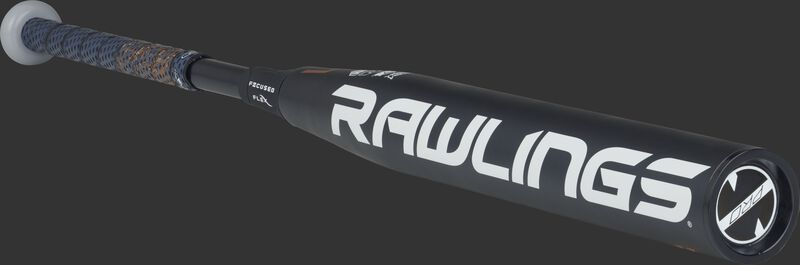 3/4 view of a FPZP11 Rawlings fastpitch softball bat with a black barrel and black end cap