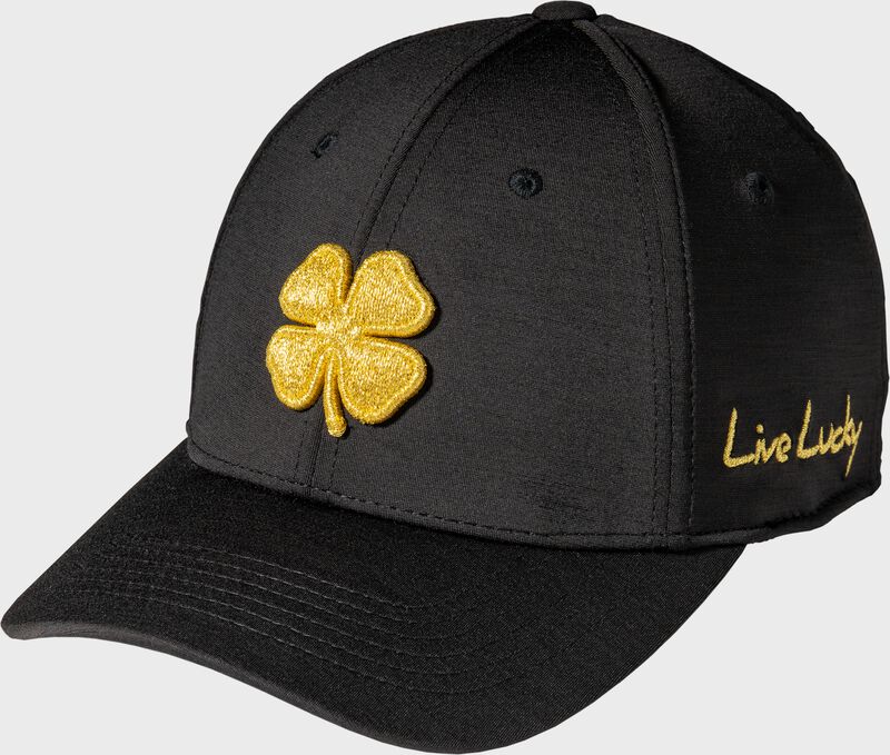 Front of a black Rawlings Black Clover Gold Glove fitted hat - SKU: BCR3GG30081