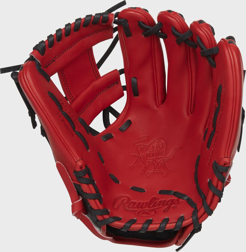 PRO315-2SSS Rawlings HOH Speed Shell infield glove with a scarlet palm, black laces and scarlet web