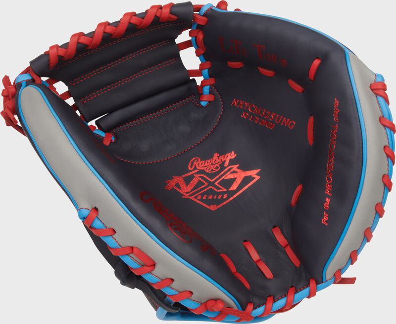 Navy palm of a Rawlings NXT Series 32.5-Inch Catcher's Mitt with scarlet stamping and laces loading=