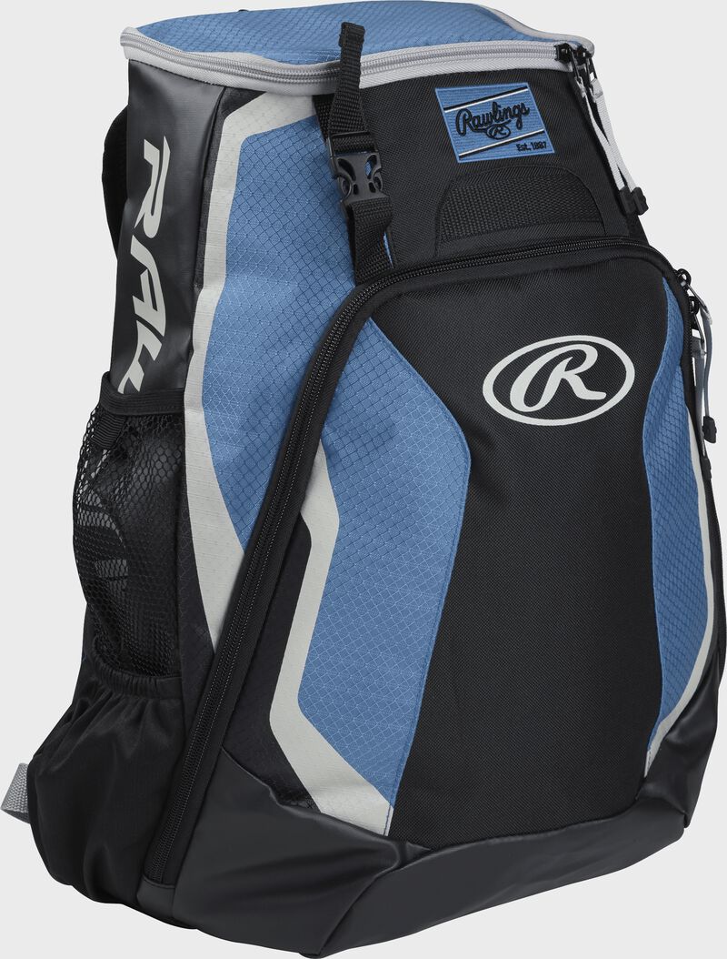 Right side of a black/columbia blue R500 Rawlings Players equipment backpack with white trim