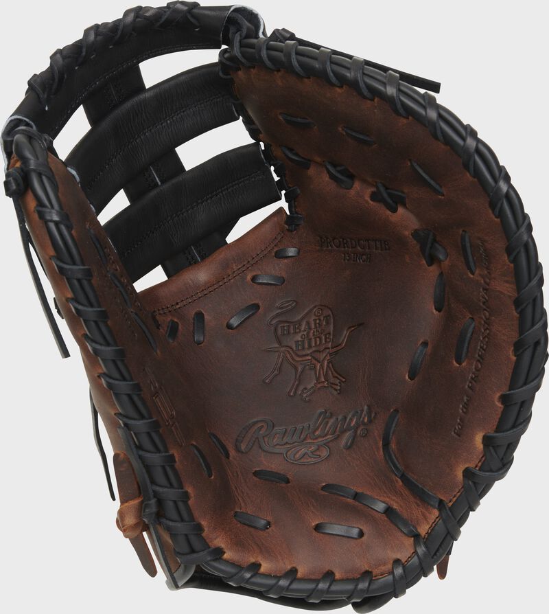 Timberglaze palm of a Rawlings Heart of the Hide R2G first base mitt with black laces - SKU: RSGRPRORDCTTIB