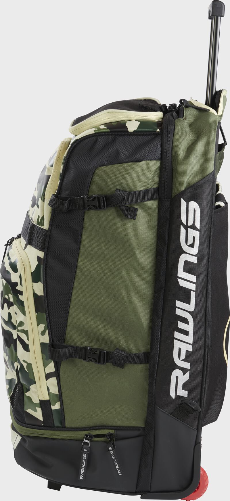 Right-side view of camo Rawlings Wheeled Catcher's Backpack - SKU: R1801