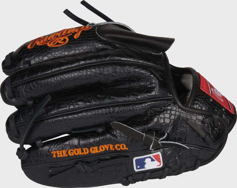 Croc embossed back of a black Jacob Degrom Pro Preferred glove with the MLB logo on the pinky - SKU: PROS205-JD48