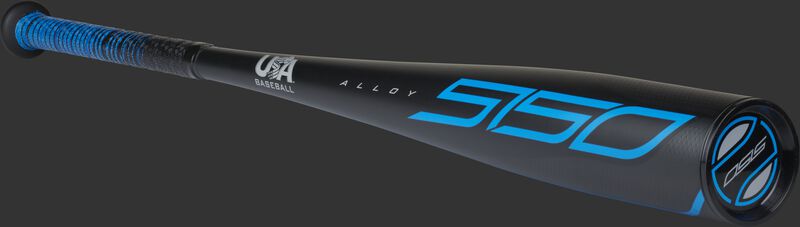 Angle view of a 2021 -5 Rawlings 5150 baseball bat with a black end cap - SKU: US155