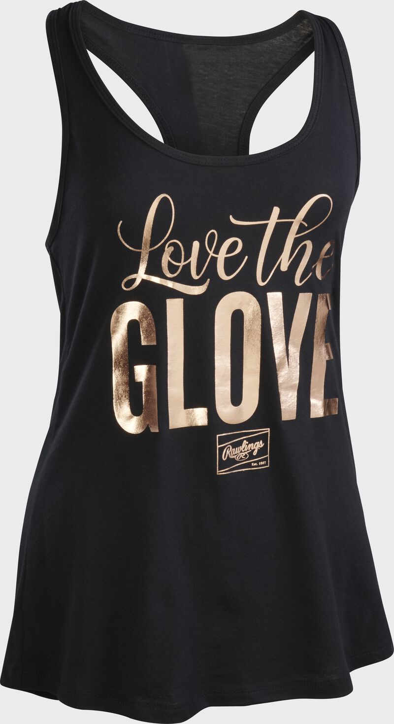 A black women's tank top shirt with "Love the Glove" printed in gold SKU #GSW2