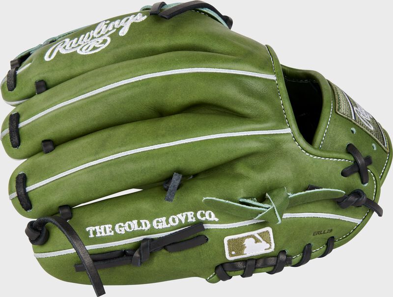 Military green back of a Heart of the Hide 11.75" infield/pitcher's glove with the MLB logo on the pinky - SKU: PRO205-30MG