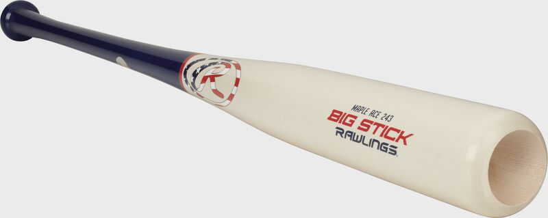 3/4 view of a white/blue R243MA Maple Ace wood bat