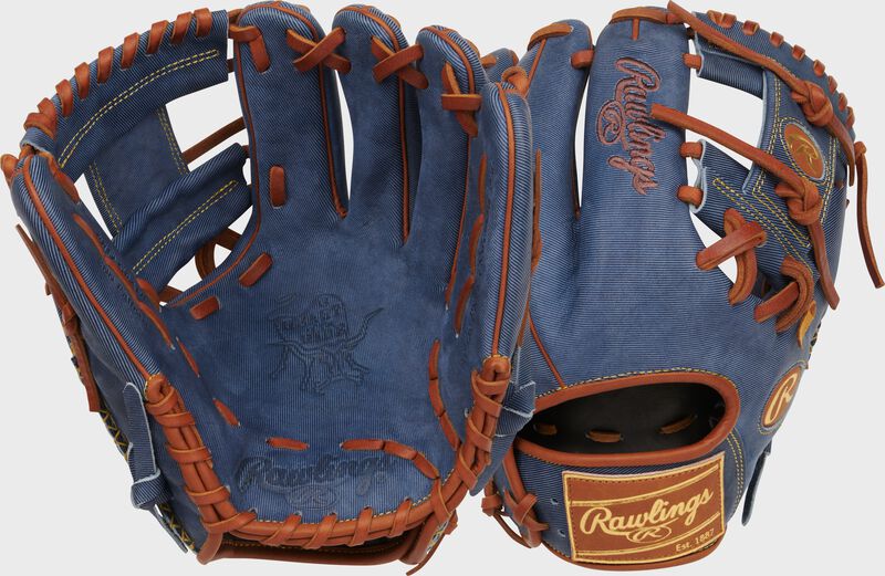 Two images showing the palm & back of a Heart of the Hide Pro Label Denim infield glove
