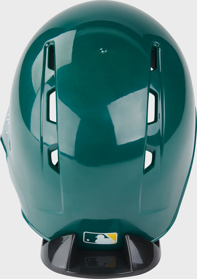 Back of a green A's mini replica helmet