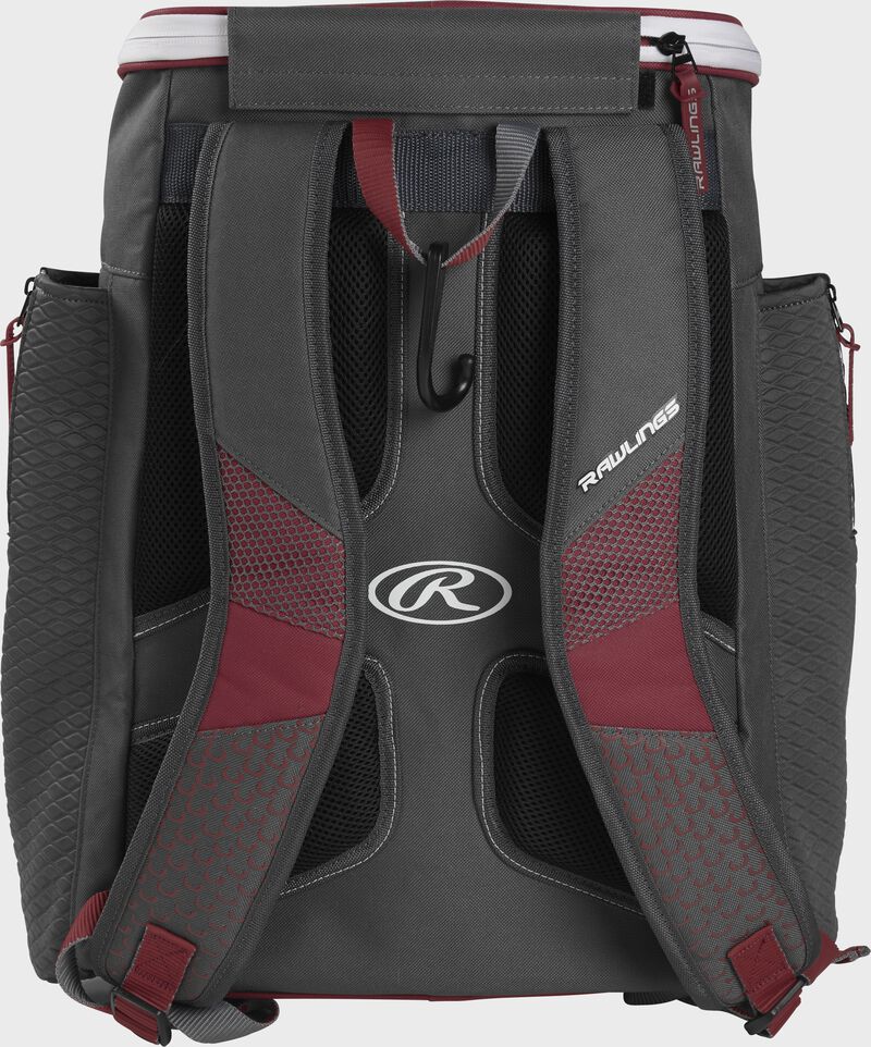 Back of a cardinal Rawlings Impulse baseball backpack with gray shoulder straps - SKU: IMPLSE-C