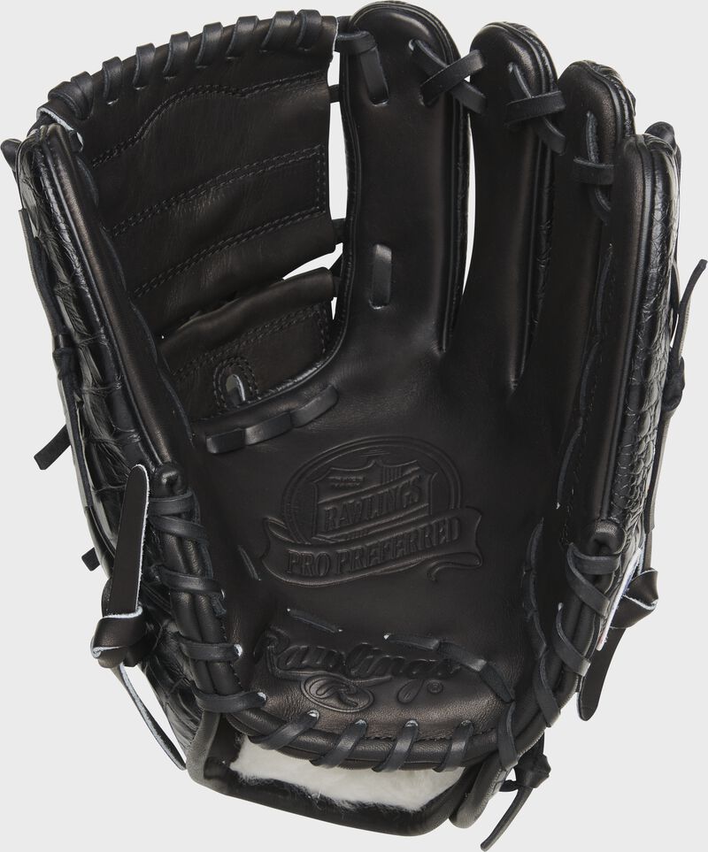 Black palm of a Rawlings Jacob Degrom glove with black laces - SKU: PROS205-JD48
