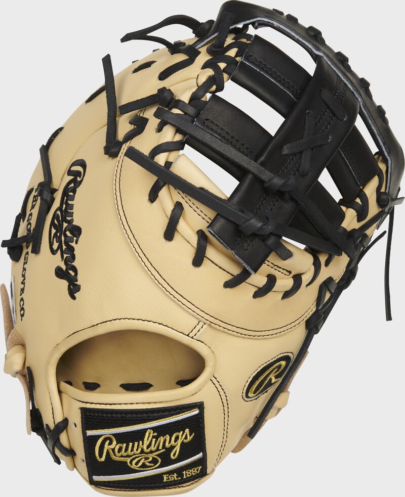 Camel Speed Shell back of a Heart of the Hide 13-Inch first base mitt with a camel Rawlings patch - SKU: PRODCTCBSS