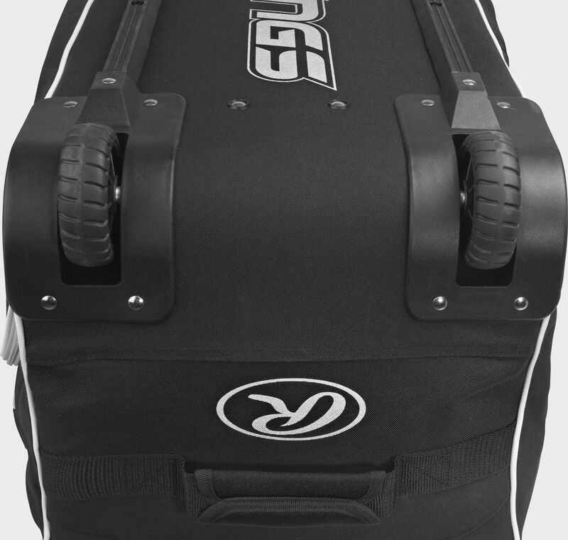 Black wheels on a YADIWCB-B Rawlings catcher's equipment bag
