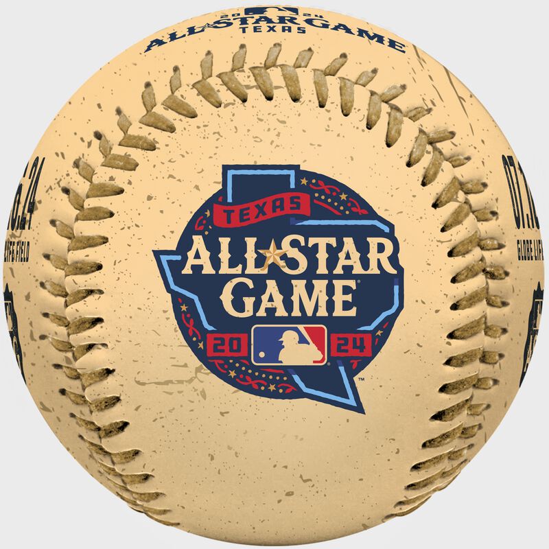 "07.16.24 Globe Life Field" Stamped on a gold MLB replica baseball