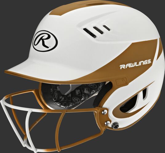 A white/orange R16H2FGS Velo junior batting helmet with a white/orange facemask