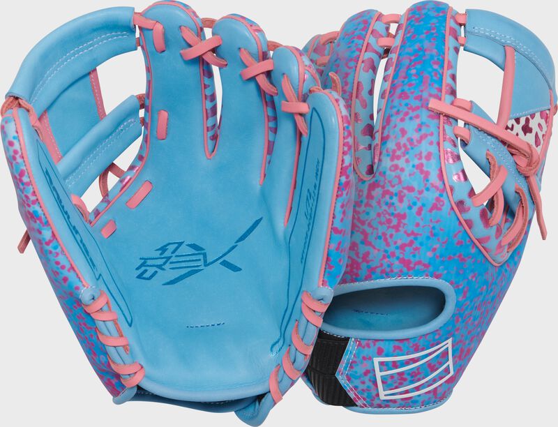 Two images showing the palm & back of a Columbia blue/pink Rawlings exclusive REV1X 11.75" infield glove