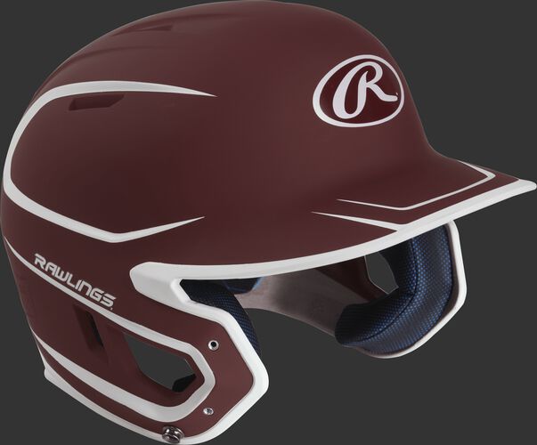 Right angle view of a matte MACH Senior batting helmet with a cardinal/white shell