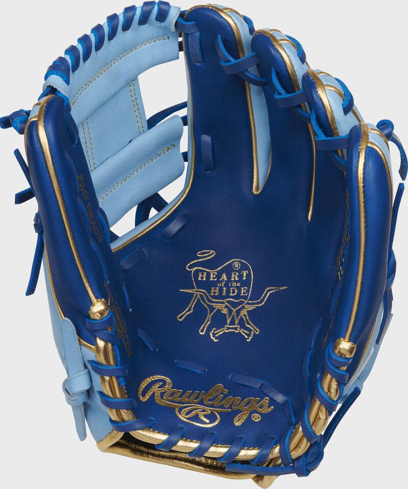 Royal palm of a Rawlings Heart of the Hide R2G ContoUR fit infield glove with royal laces and a gold palm stamp - SKU: PROR312U-2R