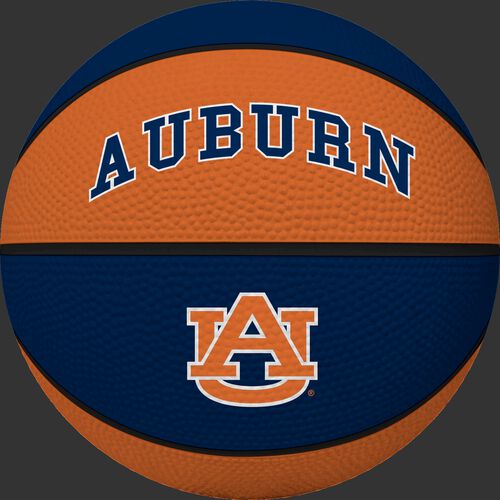 A NCAA Auburn Tigers basketball with blue and orange panels and team logo