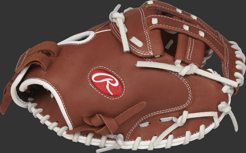 Thumb view of a brown R9SBCM33-24DB R9 Series 33-inch fastpitch catcher's mitt with a brown Modified H web