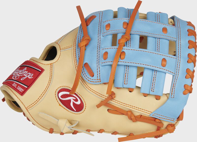 Thumb of a camel Pete Alonso Heart of the Hide 1st base mitt with a columbia blue Modified H web - SKU: PROFM18-PA20