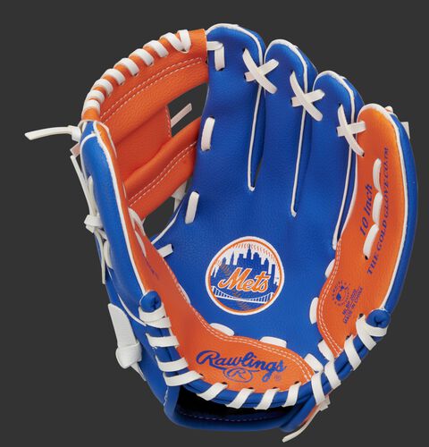 A blue/orange Rawlings New York Mets youth glove with a Mets logo stamped in the palm - SKU: 22000017111