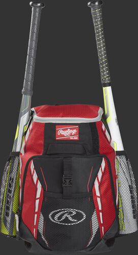 A scarlet R400 youth players team backpack with a bat in each of the side compartments