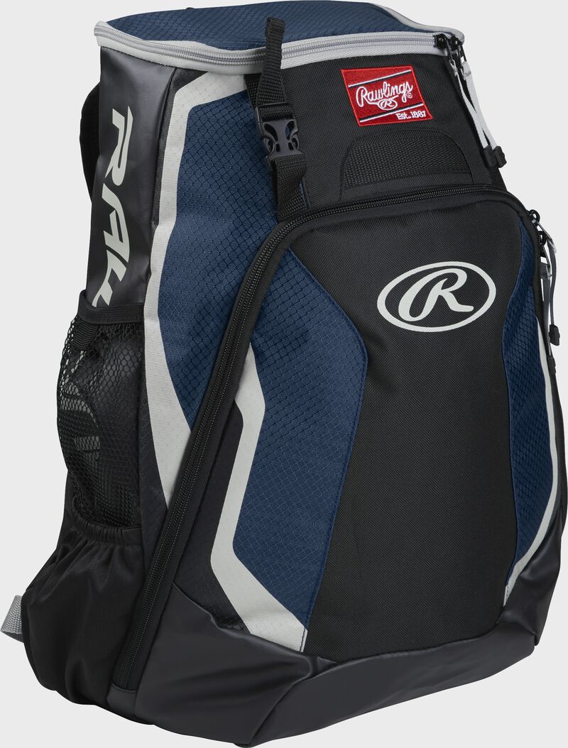 Right side of a black/navy R500 Rawlings Players equipment backpack with white trim