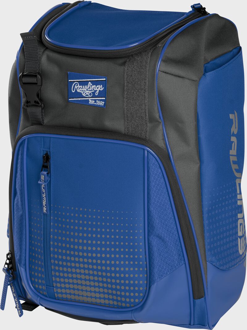 Front angle of a royal Franchise backpack with gray accents and royal Rawlings patch logo - SKU: FRANBP-R