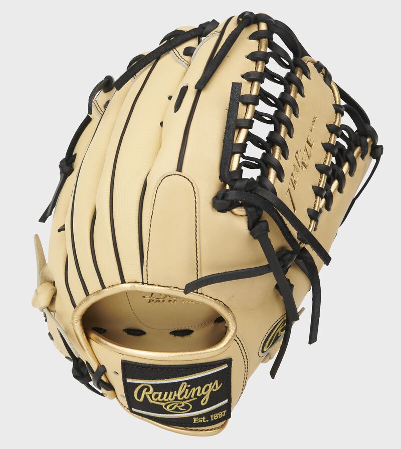Camel Speed Shell back of a Pro Preferred Trap-Eze web outfield glove with a black Rawlings patch - SKU: PROS3039-22CBSS