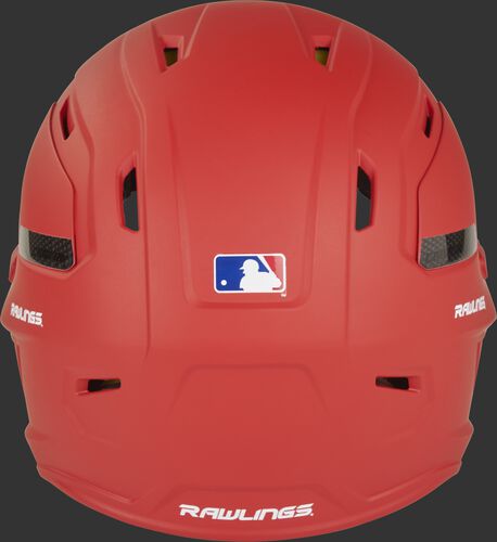 Back of a CAR07A high performance MACH Carbon helmet with a matte scarlet shell and Official Batting Helmet of MLB logo
