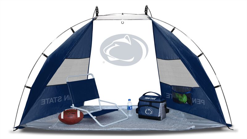 A Penn State Nittany Lions sideline sun shelter set up with a chair, cooler, football and water bottle - SKU: 00973050111