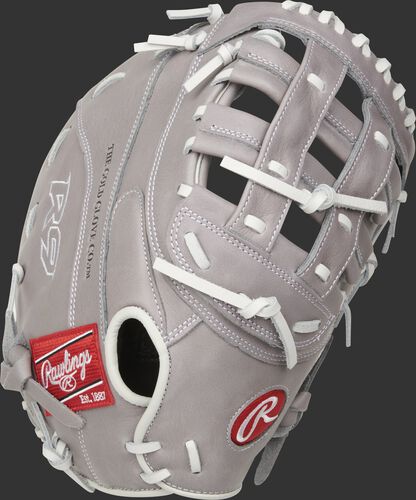 Gray back of a R9 Series 1st base softball mitt with an overlapping Fastback design - SKU: R9SBFBM-17G