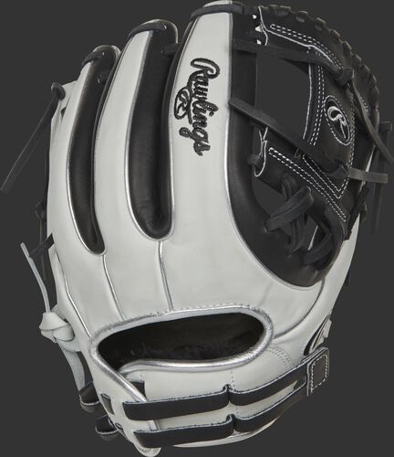 RLA715SB-2BP 11.75-inch Liberty Advanced I-web glove with a white back, platinum binding/welting and adjustable pull strap