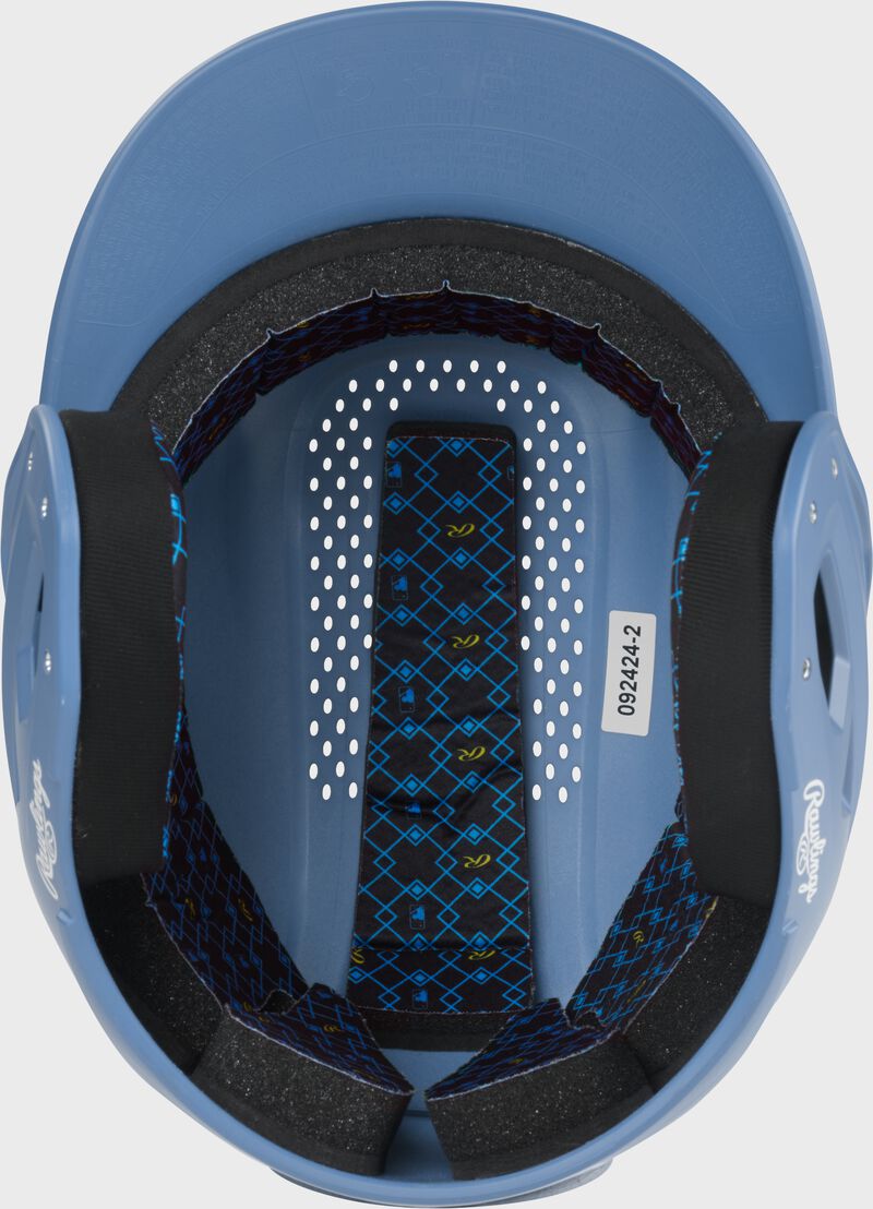 Inside padding of a Columbia blue Rawlings RX2 batting helmet