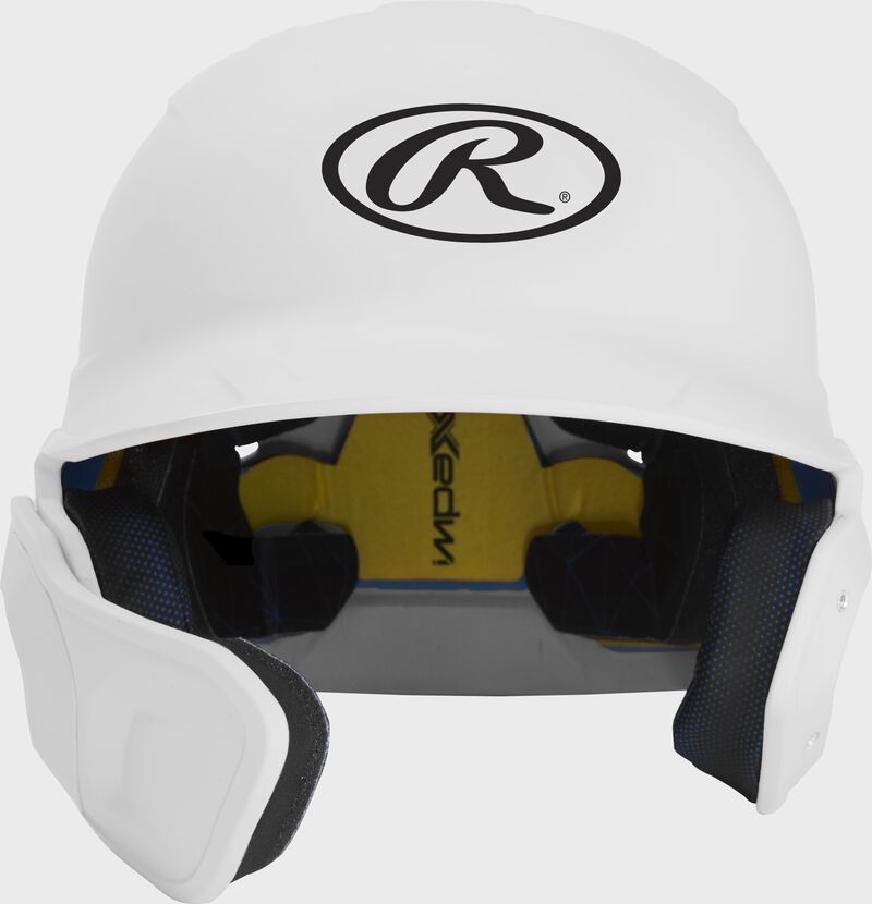 Front of a matte white MACHEXTL junior size Mach batting helmet with face guard extension for left hand batters