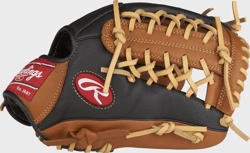 P115GBMT Prodigy 11.5-inch youth infield/pitcher's glove with a black thumb and golden brown trim and Modified Trap-Eze web