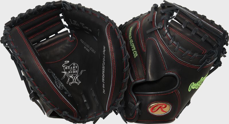 Two images showing the palm & back of a black Gameday 57 Series Gabriel Moreno Heart of the Hide Catcher's Mitt