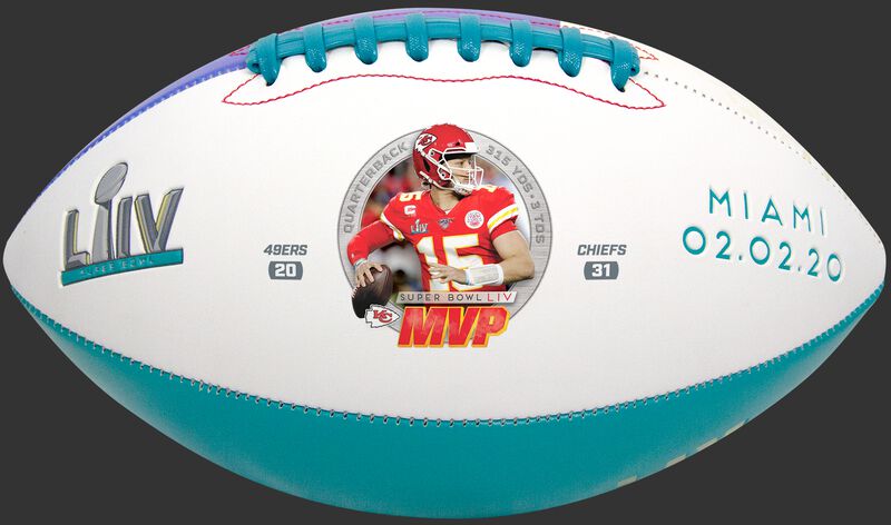 A Patrick Mahomes Super Bowl 54 MVP full size football with the Super Bowl logo