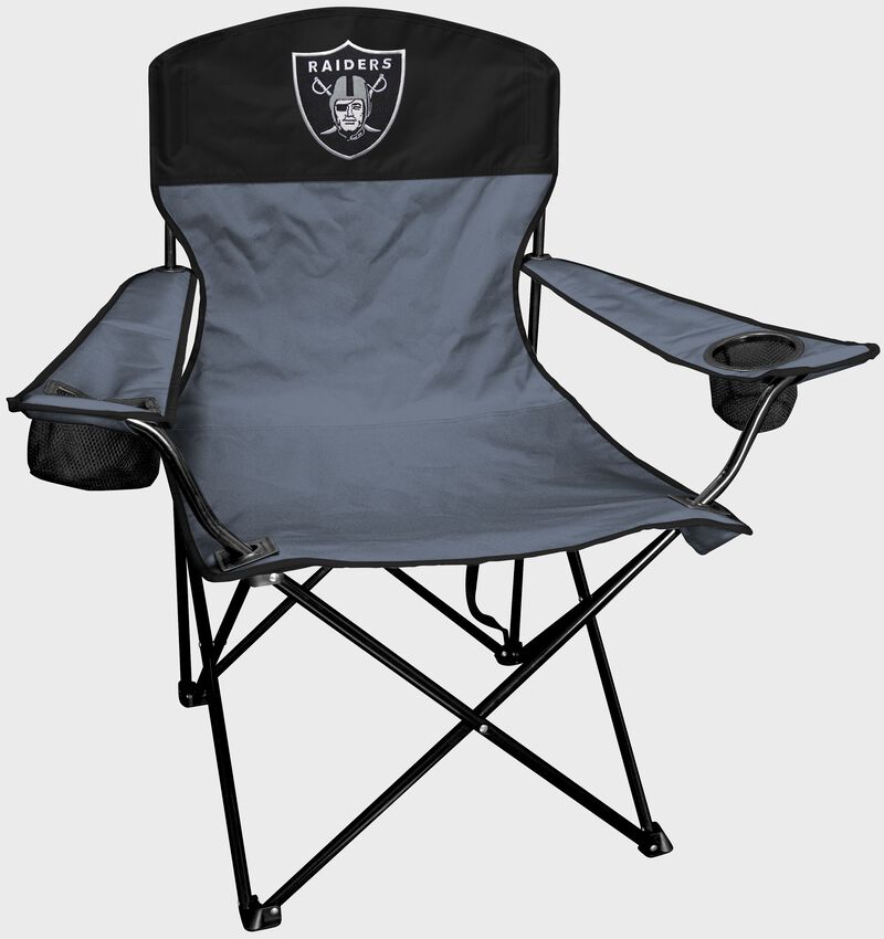 A Las Vegas Raiders lineman chair with the team logo on the back  loading=