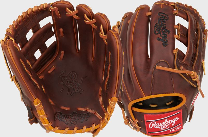 2 images showing the palm & back of a Gameday 57 Nolan Arenado Heart of the Hide glove - SKU: PRONA28P