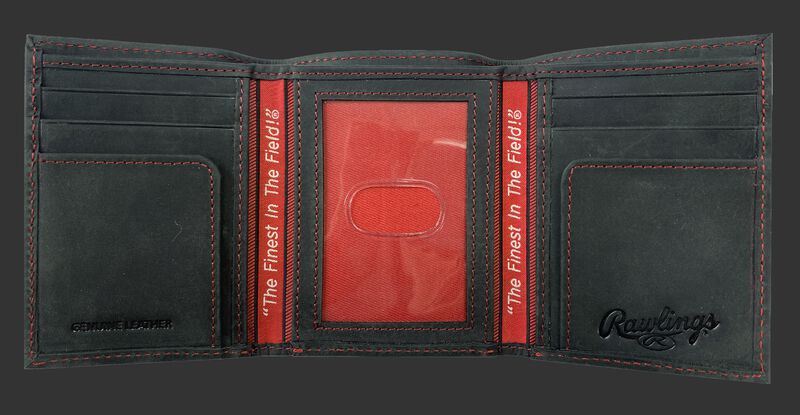 Inside of a black tri-fold high grade debossed wallet with a clear ID window in the center - SKU: RPW005-001
